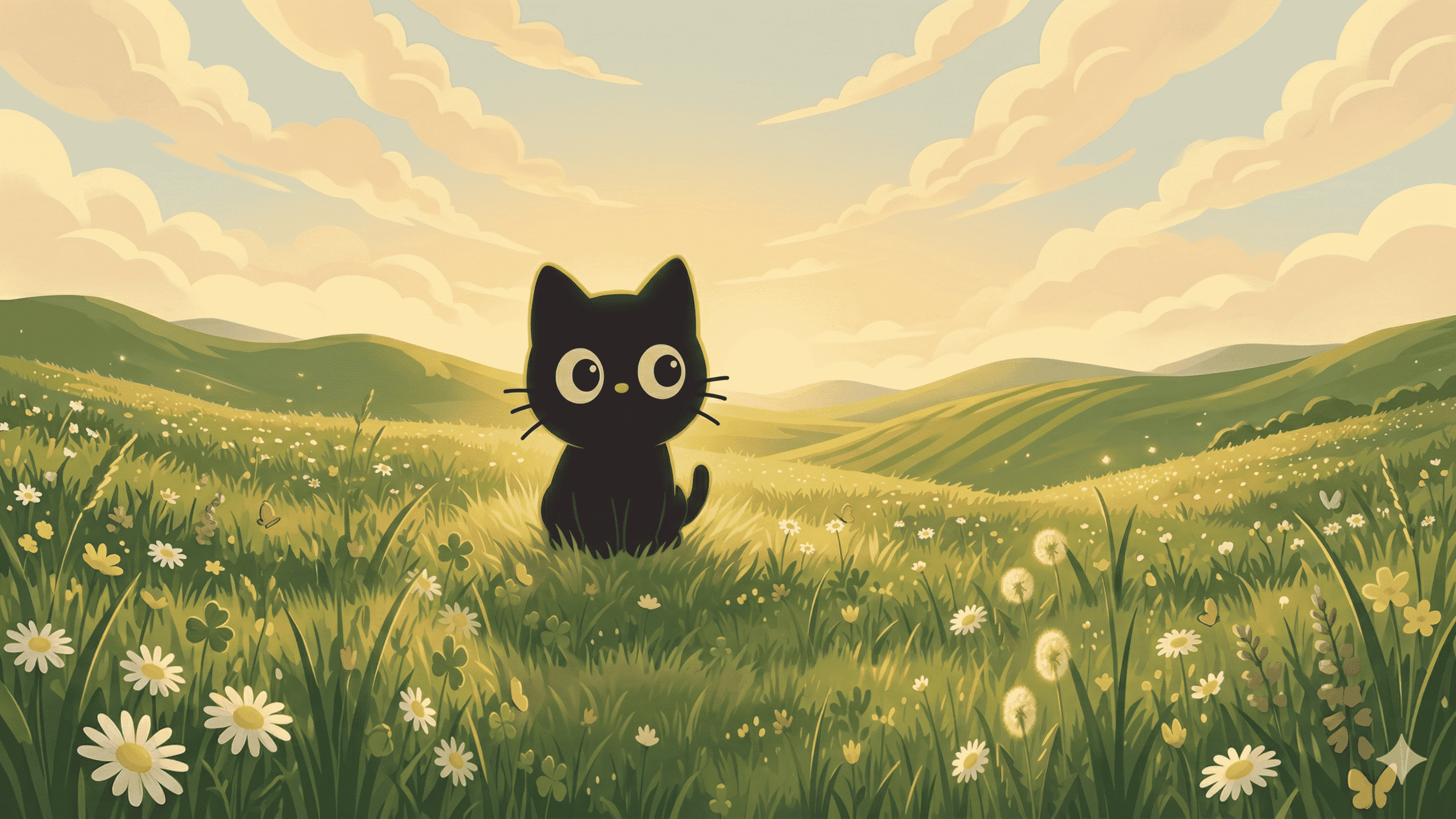 A black cat sitting in a sunny field of flowers.